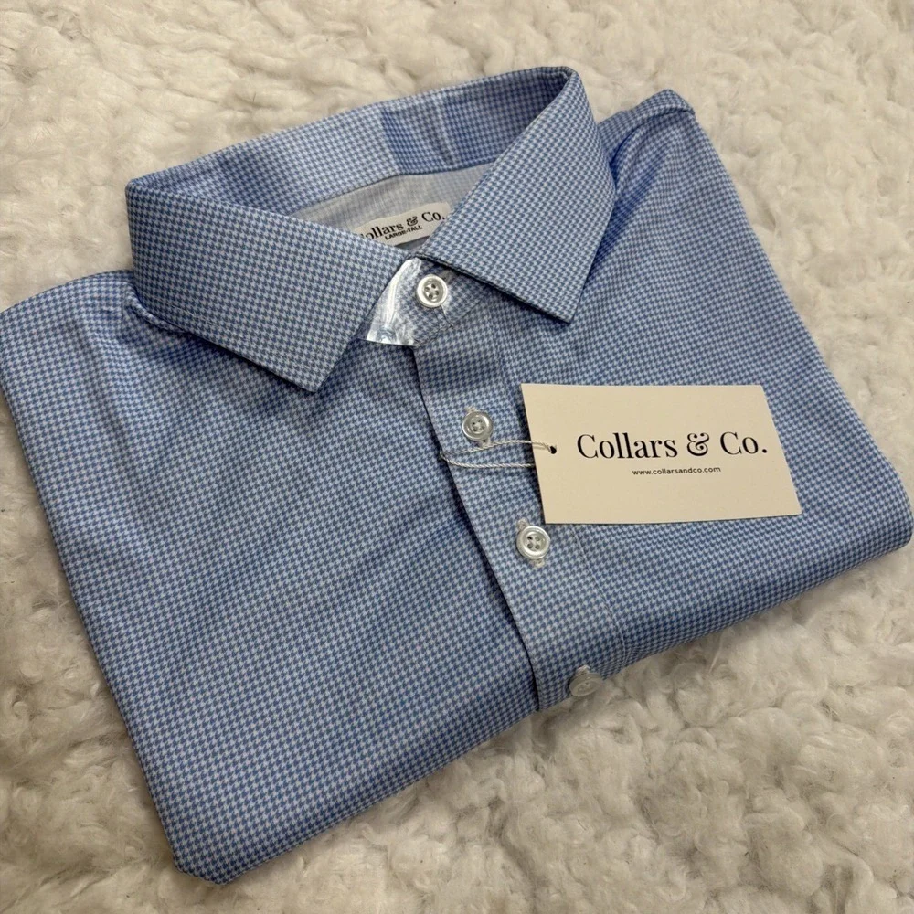 COLLARS & CO. Firm Dress Collar Polo Shirt Mens Large Tall LT Blue White AOP New